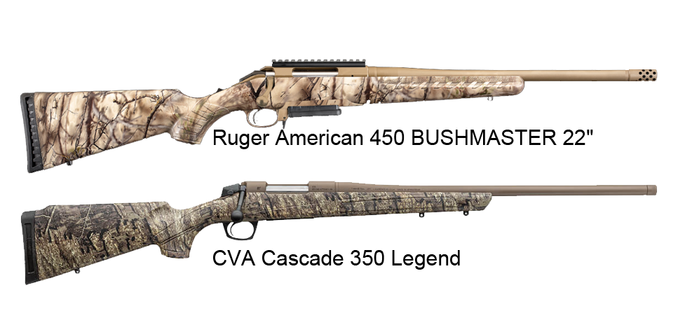 .350 Legend and .450 Bushmaster rifles side by side comparison showing modern straight-wall cartridge firearms