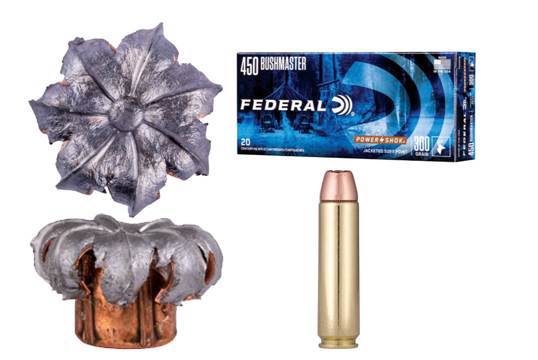 .450 Bushmaster straight-wall cartridge showing large bullet size and bullet expansion