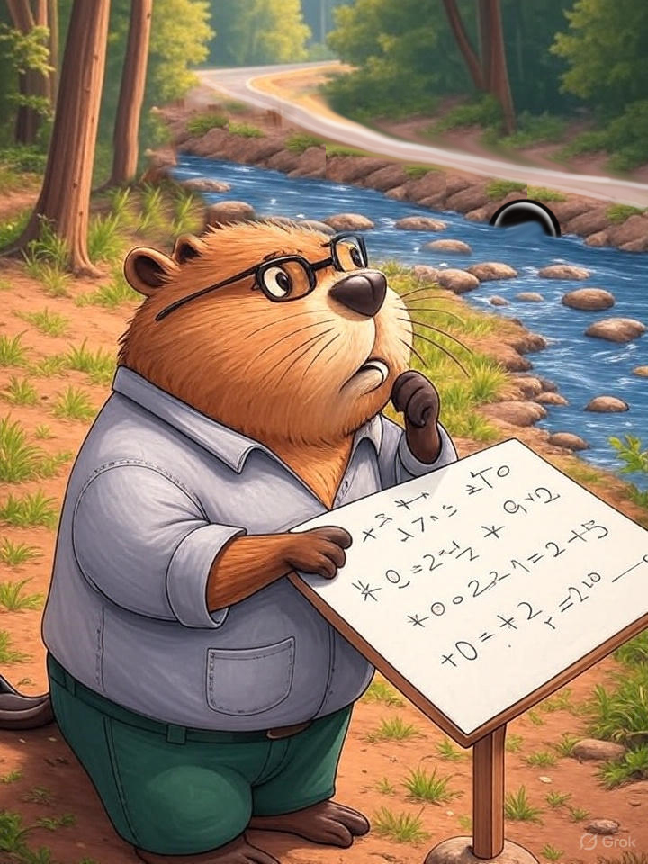 A cartoon beaver near a roadside culvert does math on a whiteboard while contemplating creating a dam