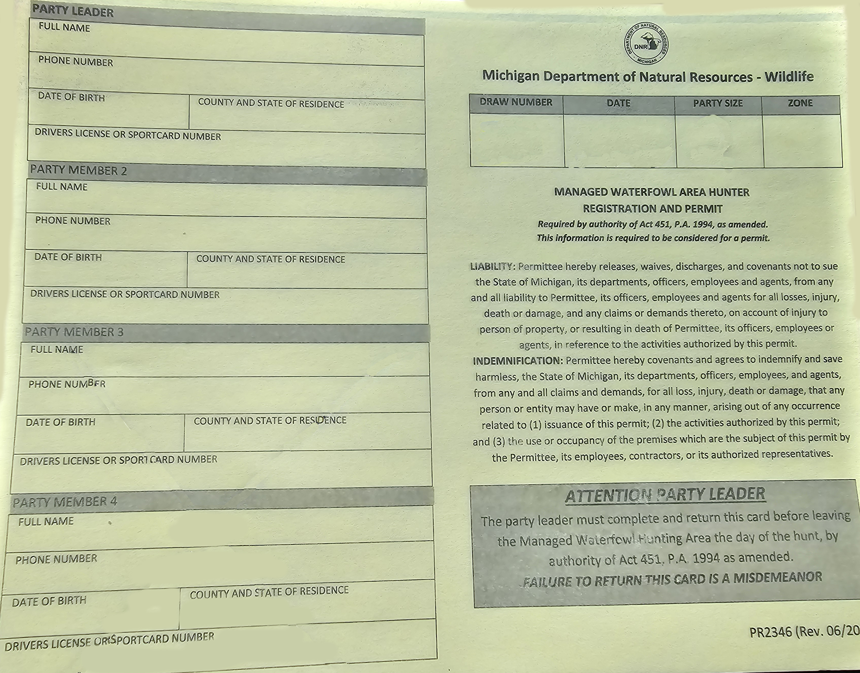 A card that must be filled out in order to hunt a managed waterfowl area in Michigan