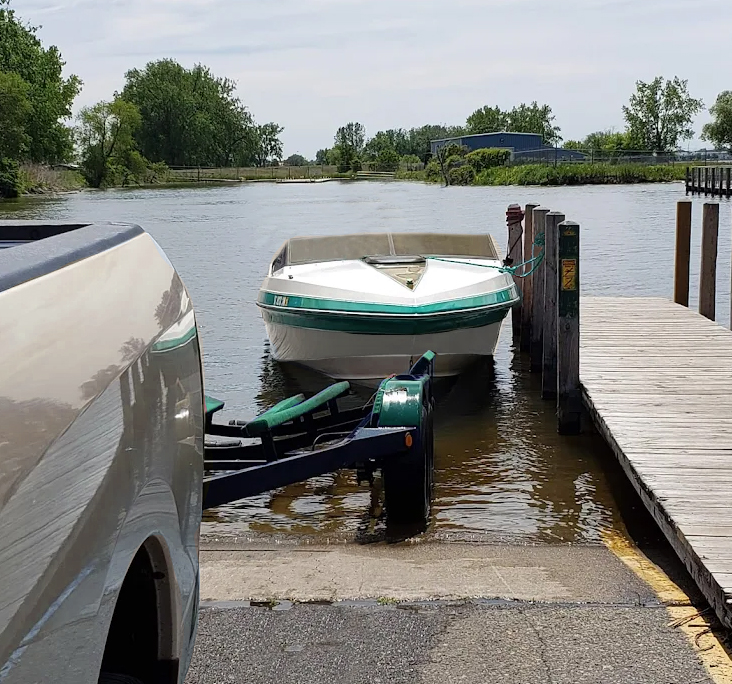 A boat being launched at the Michigan DNR Selfridge boat launch