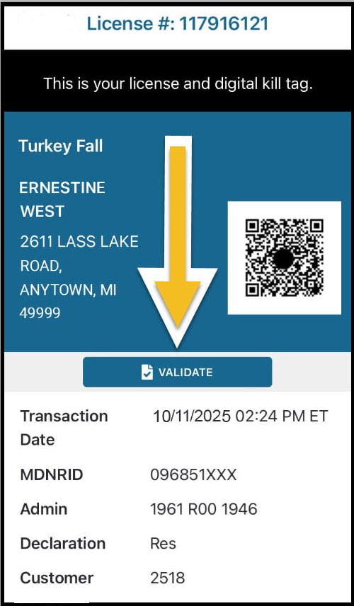 A screenshot of a sample Michigan Turkey harvest e-tag