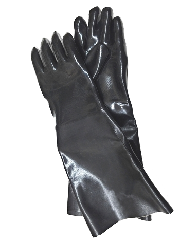 Black, long gauntlet gloves, used by trappers to keep their hands dry