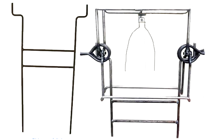 A conibear trap mounted on a H stand with a bare H stand to its left