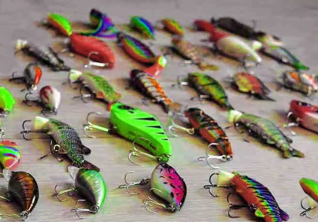 A variety of highly colored lures for smallmouth bass fishing