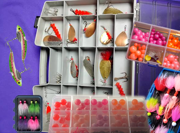 A selection of steelhead baits and lures including spawn bags, beads, and jigs