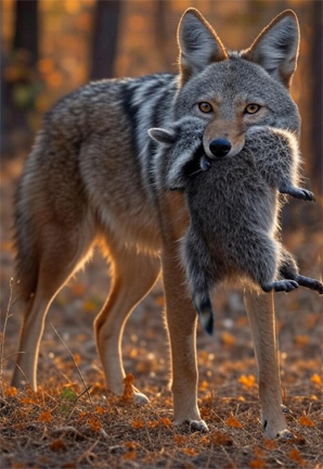 Michigan coyote carrying raccoon that would raid pheasant nests